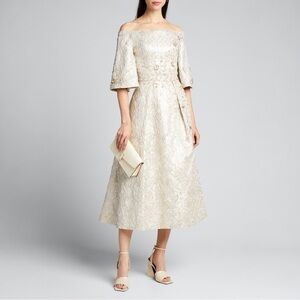 Theia Metallic Jacquard Off-the-Shoulder Midi Dress Mother of the Bride Formal